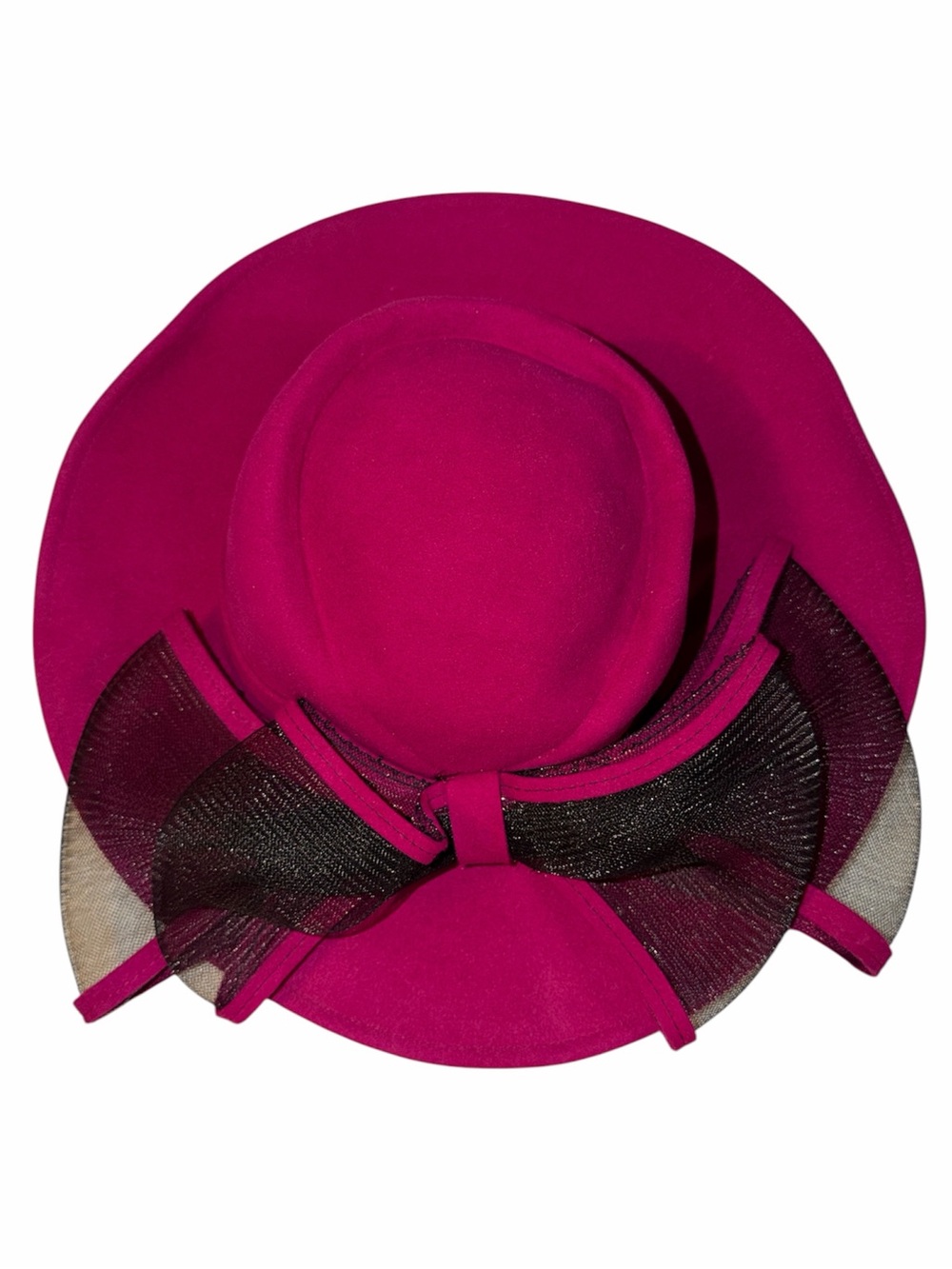 Vintage Mr. John Classic 100% Wool Fuchsia Wide-Brim Hat with Black Bow Accent